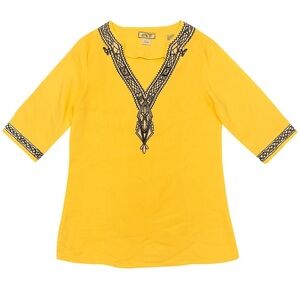 JMP 100% Linen Embroidered Tunic Top Yellow Black Women’s L